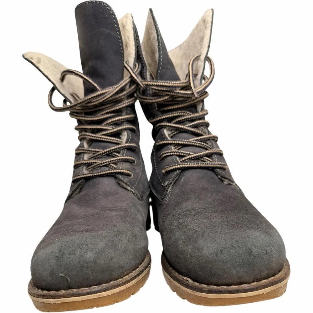 Women's EU 41 Navy Blue Nubuck Leather Lace Up Boots Lug‎ Sole Lined Winter Cozy
